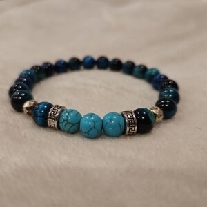 Men's Turquoise and Blue Beaded Bracelet with Silver Accents